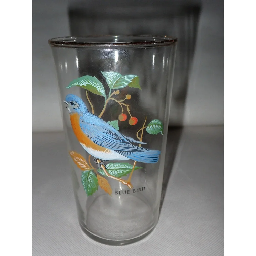 5 Vintage West Virginia Glass Co MCM American Songbird Glasses gold rim Tumblers